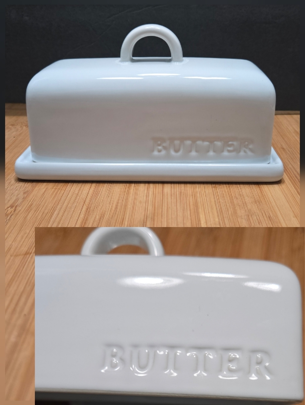 2 Piece Threshold Stoneware All White Butter Dish with Embossed Lid